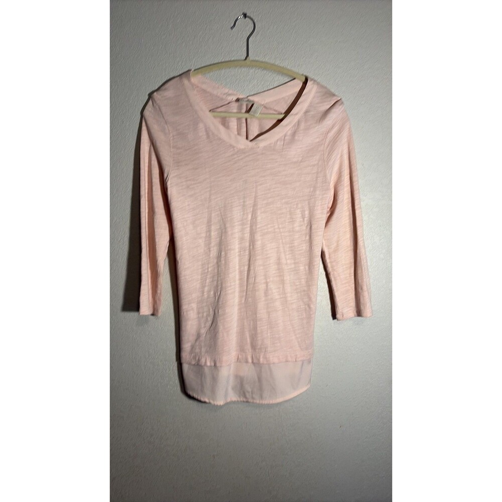 Chico's Pale Pink 3/4 Sleeve Slub Knit Top with Chiffon Hem Small